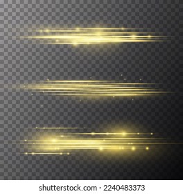Golden special effect, speed line. Particle motion effect. Magic of moving fast lines. Beautiful glow gold light flare and spark dust. Laser beams, horizontal yellow light rays. Vector illustration.