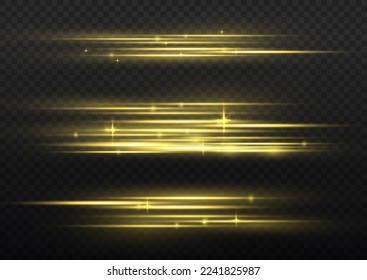 Golden special effect, speed line. Particle motion effect. Magic of moving fast lines. Beautiful glow gold light flare and spark dust. Laser beams, horizontal yellow light rays. Vector illustration.
