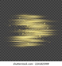 Efecto especial de oro, línea de velocidad. Efecto de movimiento de partículas. Magia de mover líneas rápidas. Hermoso resplandor de luz dorada y polvo de chispa. Vigas láser, rayos de luz amarillos horizontales. Ilustración vectorial.