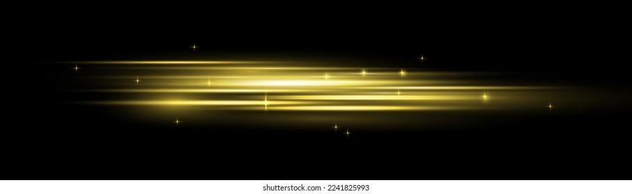 Golden special effect, speed line. Particle motion effect. Magic of moving fast lines. Beautiful glow gold light flare and spark dust. Laser beams, horizontal yellow light rays. Vector illustration.