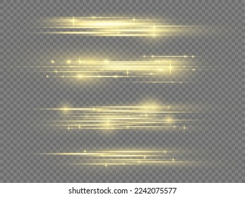 Golden special effect, speed line. Particle motion effect. Magic of moving fast lines. Beautiful glow gold light flare and spark dust. Laser beams, horizontal yellow light rays. Vector illustration.