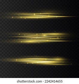 Golden special effect, speed line. Particle motion effect. Magic of moving fast lines. Beautiful glow gold light flare and spark dust. Laser beams, horizontal yellow light rays. Vector illustration.