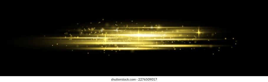 Goldener Spezialeffekt, Geschwindigkeitslinie. Partikelbewegungseffekt. Schön leuchtendes goldenes Licht flare und Funkenstaub. Magie, schnelle Linien zu bewegen. Laserstrahlen, horizontale gelbe Lichtstrahlen. Vektorgrafik.