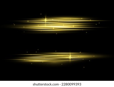 Golden special effect, speed line. Particle motion effect. Magic of moving fast lines. Beautiful glow gold light flare and spark dust. Laser beams, horizontal yellow light rays. Vector illustration.