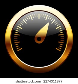 Golden Speedometer. Car speed indicator icon isolated on black background. Vector clipart.