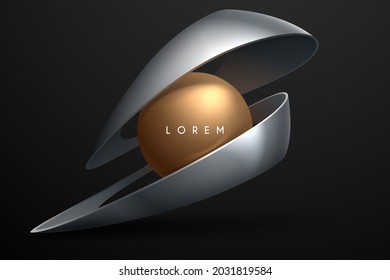 Golden sphere and silver geometric shapes background