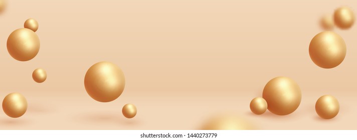 Golden spheres of balls on beige background. Realistic 3d shapes. Horizontal banner, poster, header pattern for the website. vector illustration