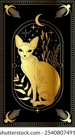 Un gato de esfinge dorado se sienta elegantemente entre motivos celestes y plantas bajo un cielo nocturno con estrellas y una luna creciente