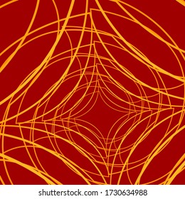 Golden spider web bright thin threads on a red background wallpaper for design