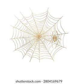 Golden spider web engraving illustration isolated on white background. Elegant gothic Halloween decoration for luxury branding and seasonal designs