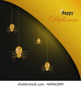 Golden spiders and web Halloween background. Gold glitter