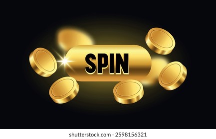 Golden Spin button and golden coins. Vector 3d illustration.
