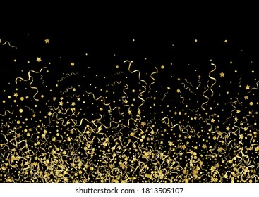 Golden Spiral Abstract Vector Black Background. Shiny Ribbon Invitation. Star Happy Poster. Gold Festive Plant.
