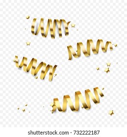 Golden spiral bows or gold ribbon and star foil confetti glitter for Birthday, New Year or Christmas holiday party celebration. Vector gift greeting card festive decoration on transparent background