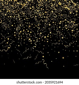 Golden Spiral Celebration Vector Black Background. Decoration Streamer Invitation. Confetti Falling Branch. Yellow Anniversary Illustration.