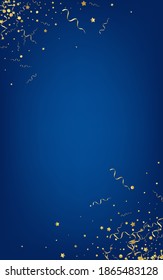 Golden Spiral Celebration Vector Blue Background. Carnival Serpentine Invitation. Star Isolated Template. Yellow Festive Illustration.