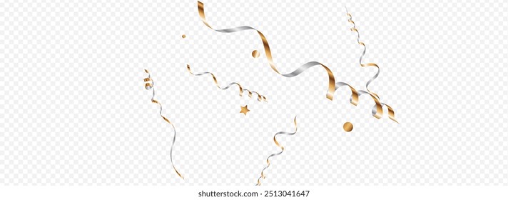 Golden Spiral Falling Vector Panoramic Transparent Background. Celebrate Serpentine Plant. Confetti Flying Poster. Yellow Fun Branch.