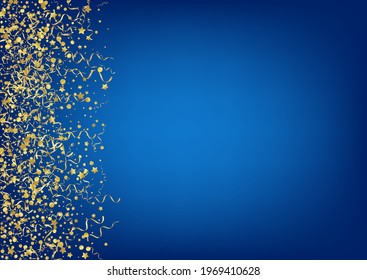Golden Spiral Fun Vector Blue Background. Festive Ribbon Illustration. Serpentine Flying Branch. Yellow Celebrate Template.