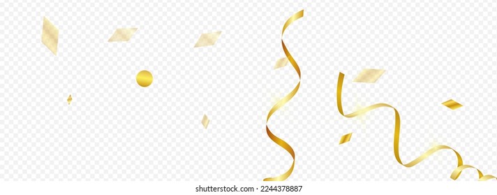 Golden Spiral Fun Vector Panoramic Transparent Background. Celebration Serpentine Design. Confetti Isolated Template. Yellow Carnival Invitation.