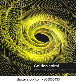 Golden spiral geometric vector background. Twirling shapes with light effects. Stylish galaxy-like web illustration.