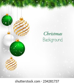 Golden spiral and green christmas balls with pine branches in snowfall on grayscale background