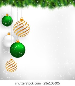 Golden spiral and green christmas balls with pine branches in snowfall on grayscale background