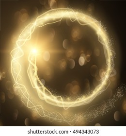 Golden spiral holiday vector background with shiny bokeh. Eps10.