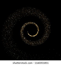 Golden spiral particles or gold sparkling twirl circle of sparkling glare flares. Vector abstract shiny trail on black background for luxury premium design