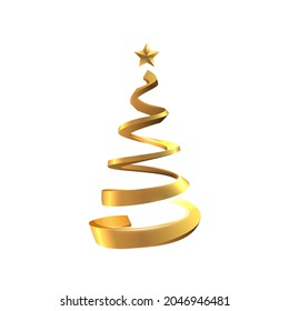 Golden spiral shaped stylised christmas tree made of metal or plastic with star on top for your winter holiday background on white backdrop. EPS10