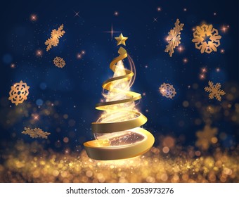 Golden spiral shaped stylised christmas tree vector light winter holiday background with falling snowflakes and shiny defocused lights bokeh. EPS10