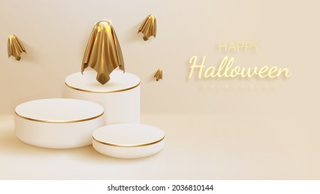 golden spirits surround white podium, halloween background design for showing product. realistic 3d vector illustration.
