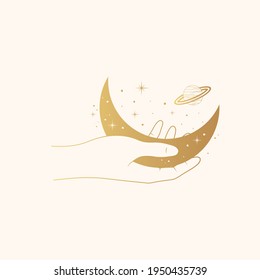 Golden spiritual Lunar hand. Celestial illustration with gold moon, space, planet and stars.