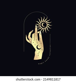 Golden Spiritual magic logo or talisman with woman hands in silhouette style with stars, sacred geometry moon and sun. Alchemy mystic tattoo object logo template. Vector Illustration