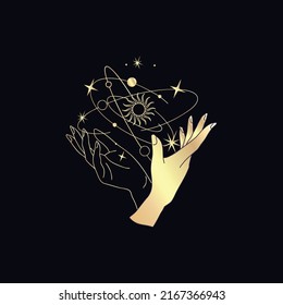 Golden Spiritual magic logo or talisman with woman hands in silhouette style with stars, sacred geometry moon and sun. Alchemy mystic tattoo object logo template. Vector Illustration