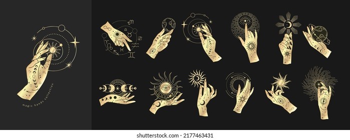 Golden Spiritual magic logo or talisman with woman hands in silhouette style with stars, sacred geometry moon and sun. Alchemy mystic tattoo object logo template. Vector Illustration