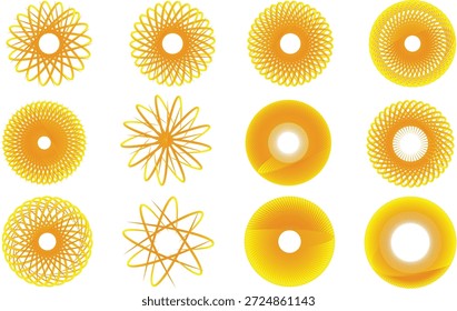 Mandala de espirografo dourado com 12 elementos geométricos de Sunburst e vetor Guilloche