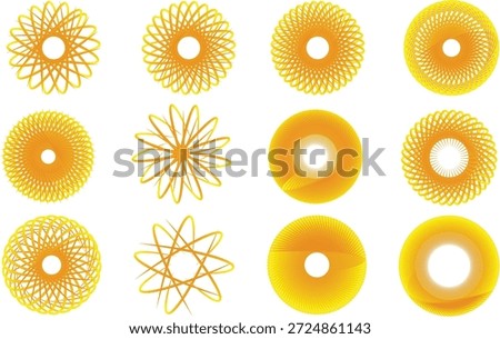 Golden Spirograph Mandala Set with 12 Geometric Sunburst and Guilloche Vector Elements