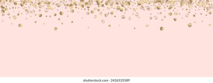 Golden Splash Anniversary Panoramic Pink Background. Abstract Sequin Pattern. Bronze Dot Paper Banner. Sparkle Glamour Backdrop.