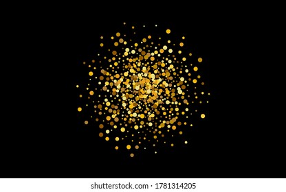 Golden Splash Falling Black Background. Holiday Circle Background. Yellow Glow Festive Banner. Shine Bright Backdrop.