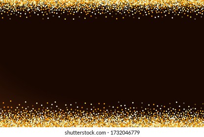 Golden Splash Falling Brown Dark Background. Light Confetti Backdrop. Yellow Glow Paper Invitation.