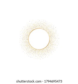 Golden splash or glittering spangles frame with empty center for text. Golden glittering circle made of tiny round dots on white background. Vector illustration.