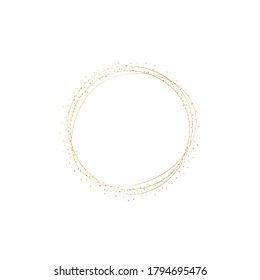 Golden splash or glittering spangles frame with empty center for text. Golden glittering circle made of tiny round dots on white background. Vector illustration.