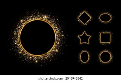 Golden splash or glittering spangles frame with empty center for text. Gold frames of different geometric shapes.