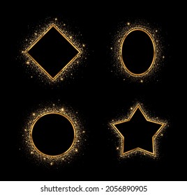 Goldener Splash oder glitzernder Splash-Rahmen mit leerem Textzentrum. Goldrahmen verschiedener geometrischer Formen. Schlichte, helle Rahmen für die Ferien.