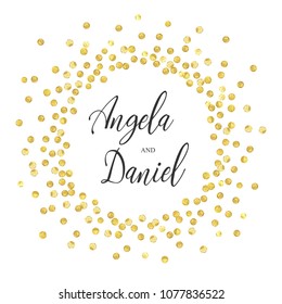 Golden splash or glittering spangles round frame with center for text. Wedding invitation elegant. Golden glittering  circle  made of tiny uneven round dots on white background. Vector illustration.