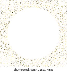 Golden splash or glittering spangles round frame with empty center for text. Golden glittering circle made of tiny uneven round dots on white background. Vector illustration.