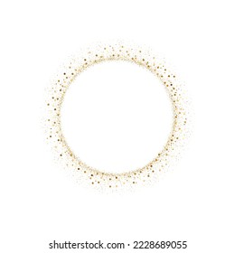 Golden splash or glittering spangles round frame with empty center for text. Golden glittering circle made of tiny uneven round dots on white background.