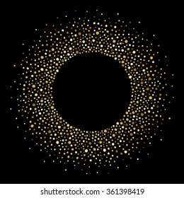 Golden splash or glittering spangles round frame with empty center for text. Gold circle made of tiny uneven dots abstract background. Golden blobs textured round frame on black backdrop. 