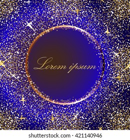 Golden splash or glittering spangles round frame with empty center for text. Gold circle made of tiny uneven dots abstract background. Golden blobs textured round frame on dark blue backdrop.