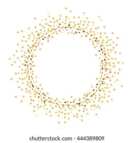 Golden splash or glittering spangles round frame with empty center for text. Golden glittering  circle  made of tiny uneven round dots on white background. Vector illustration.